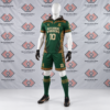 Custom green 7v7 football uniform featuring gold Māori tribal patterns and a hooded jersey on a mannequin.