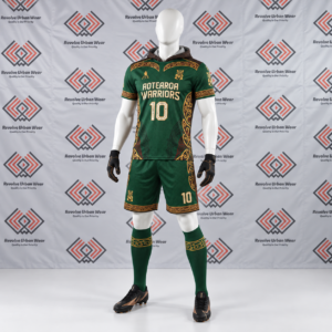 Custom green 7v7 football uniform featuring gold Māori tribal patterns and a hooded jersey on a mannequin.