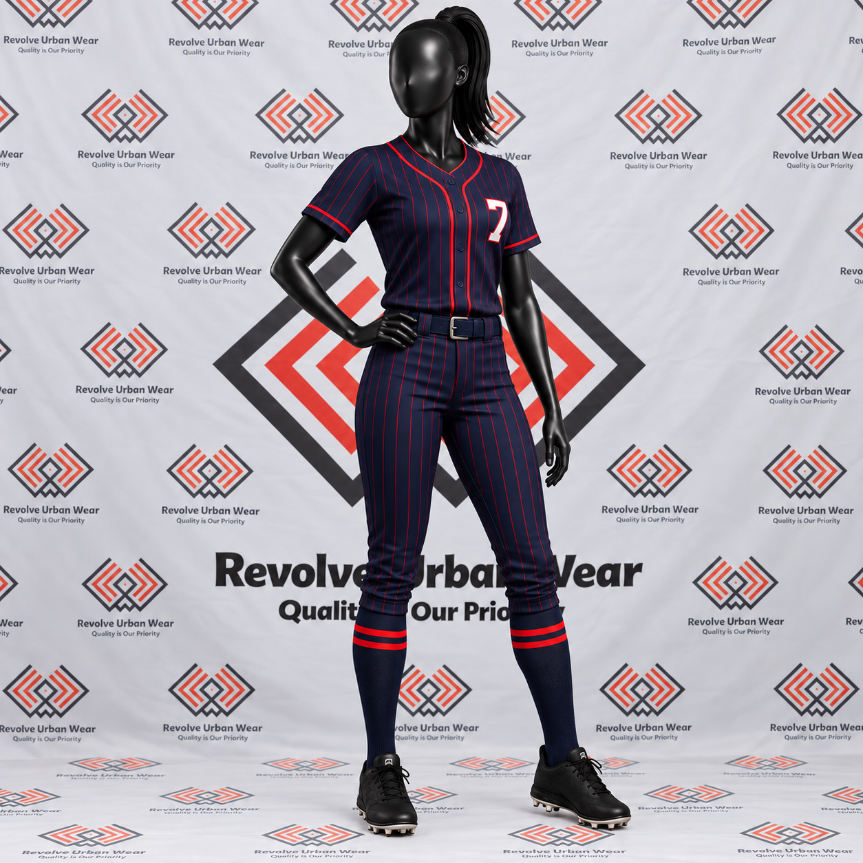 Navy blue and red custom sublimated baseball uniform on a mannequin.