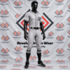 Grey pinstripe custom full button baseball uniform with black piping on a mannequin.