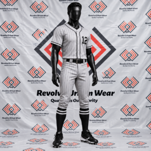 Grey pinstripe custom full button baseball uniform with black piping on a mannequin.