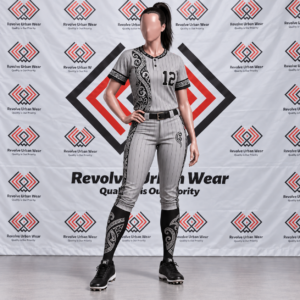 Grey pinstripe custom Maori baseball uniform on a mannequin.