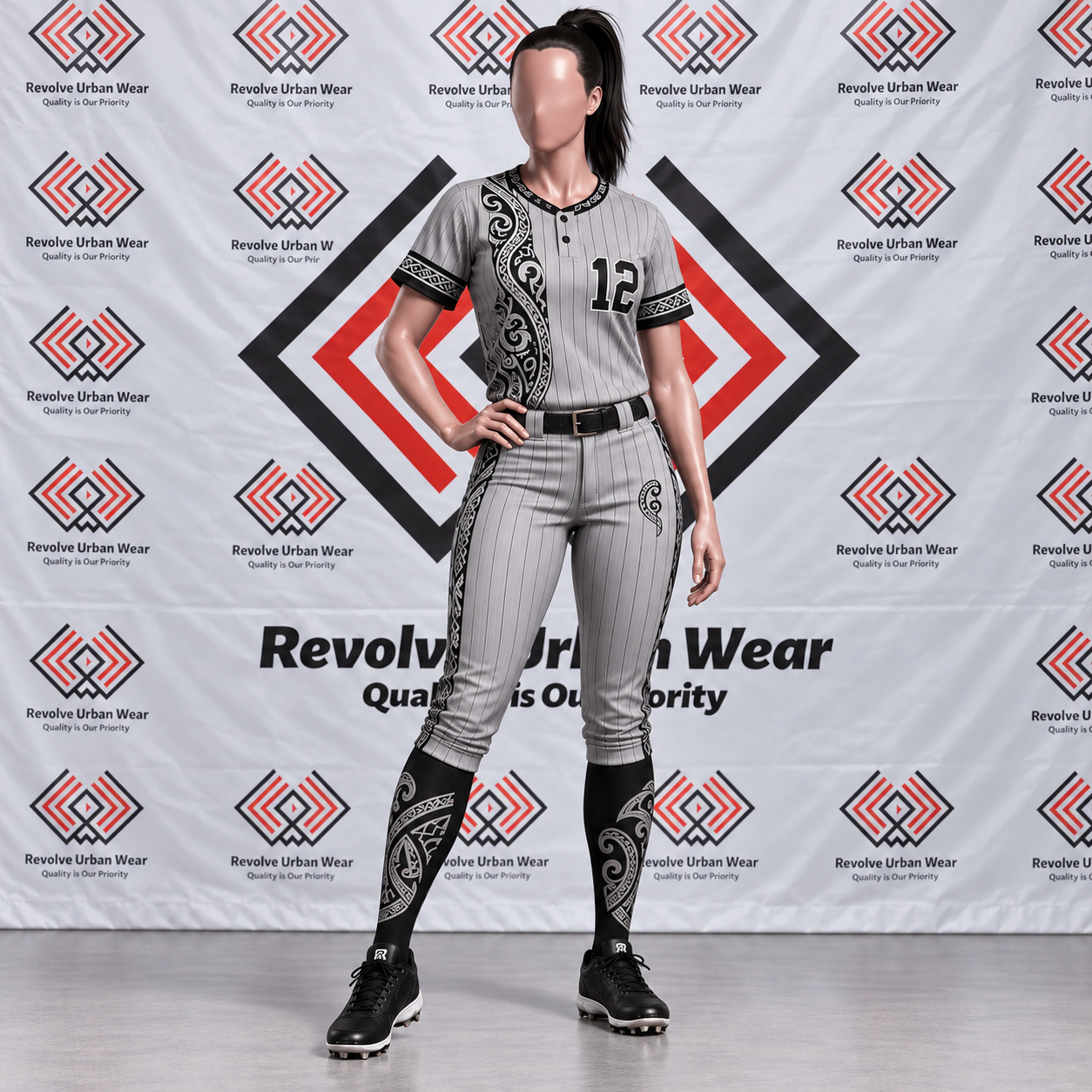 Grey pinstripe custom Maori baseball uniform on a mannequin.