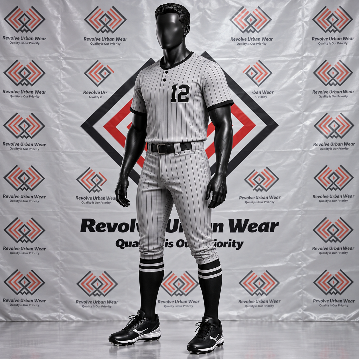 Grey pinstripe custom Henley baseball uniform with black trim on a mannequin.