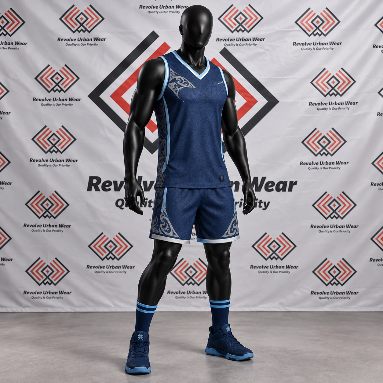Navy and light blue custom unisex basketball uniform with tribal side panels on a mannequin.