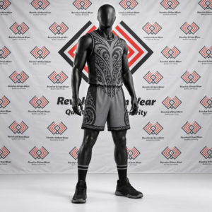 Grey and black custom Māori basketball uniform with tribal patterns on a mannequin.