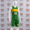 Custom green basketball uniform featuring a yellow chest band, white trim, and sublimated Māori patterns on a mannequin.