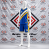 Custom royal blue basketball uniform featuring a diagonal white and yellow chest stripe, yellow side panels, and matching shorts on a mannequin.