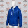 Blue Tribal Hoodie featuring a made to order royal blue pullover design with tonal tribal chest and sleeve graphics, thick white drawstrings, and white contrast stitching.