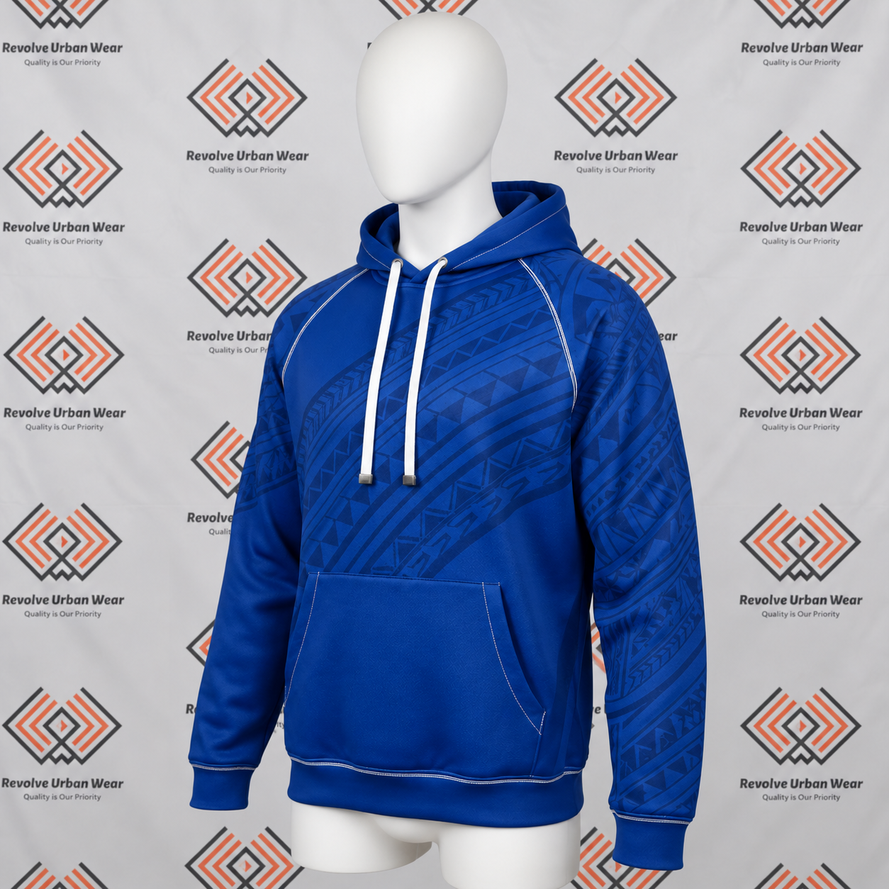 Blue Tribal Hoodie featuring a made to order royal blue pullover design with tonal tribal chest and sleeve graphics, thick white drawstrings, and white contrast stitching.