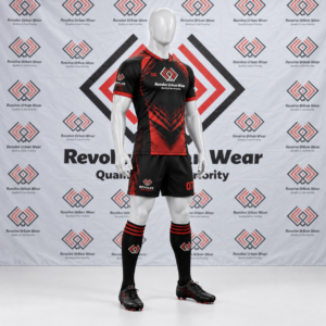 Black Red Rugby Kit featuring a made to order black jersey with aggressive red geometric chest graphics, matching black shorts, and striped socks.