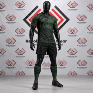 Green and black custom rugby union uniform with Māori tribal patterns on a mannequin.