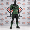 Green and black custom rugby union team kit with chevron chest design on a mannequin.