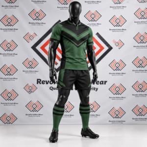 Green and black custom rugby union team kit with chevron chest design on a mannequin.