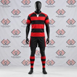 Alternative view of Red & Black Hooped Rugby Union Uniform