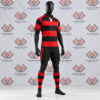 Red and black hooped custom rugby union uniform on a mannequin.