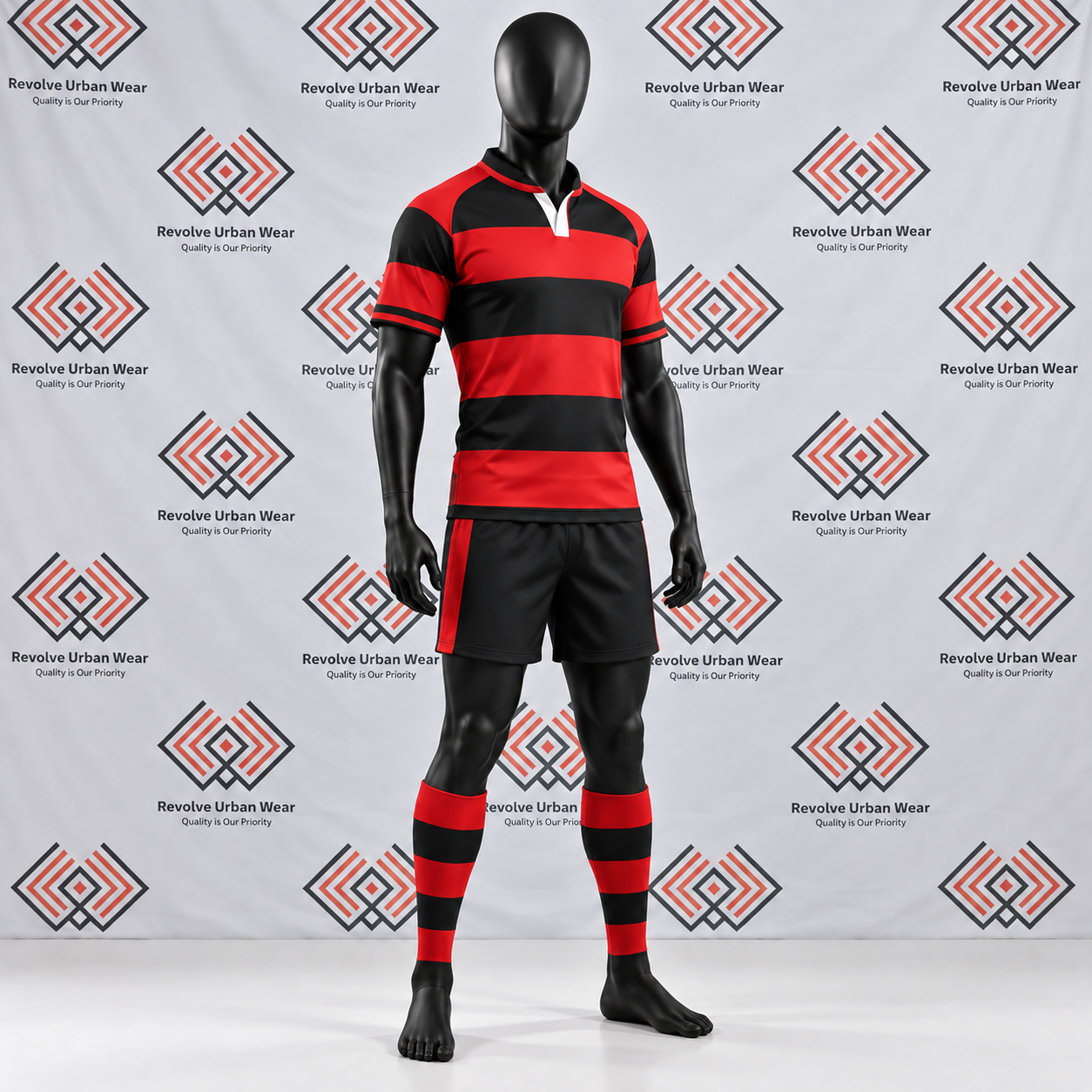 Red and black hooped custom rugby union uniform on a mannequin.
