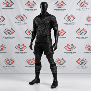 Black custom rugby union team kit with intricate grey Māori tribal patterns on a mannequin.