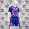 Custom blue and purple tag football uniform with geometric design and flags on a mannequin.