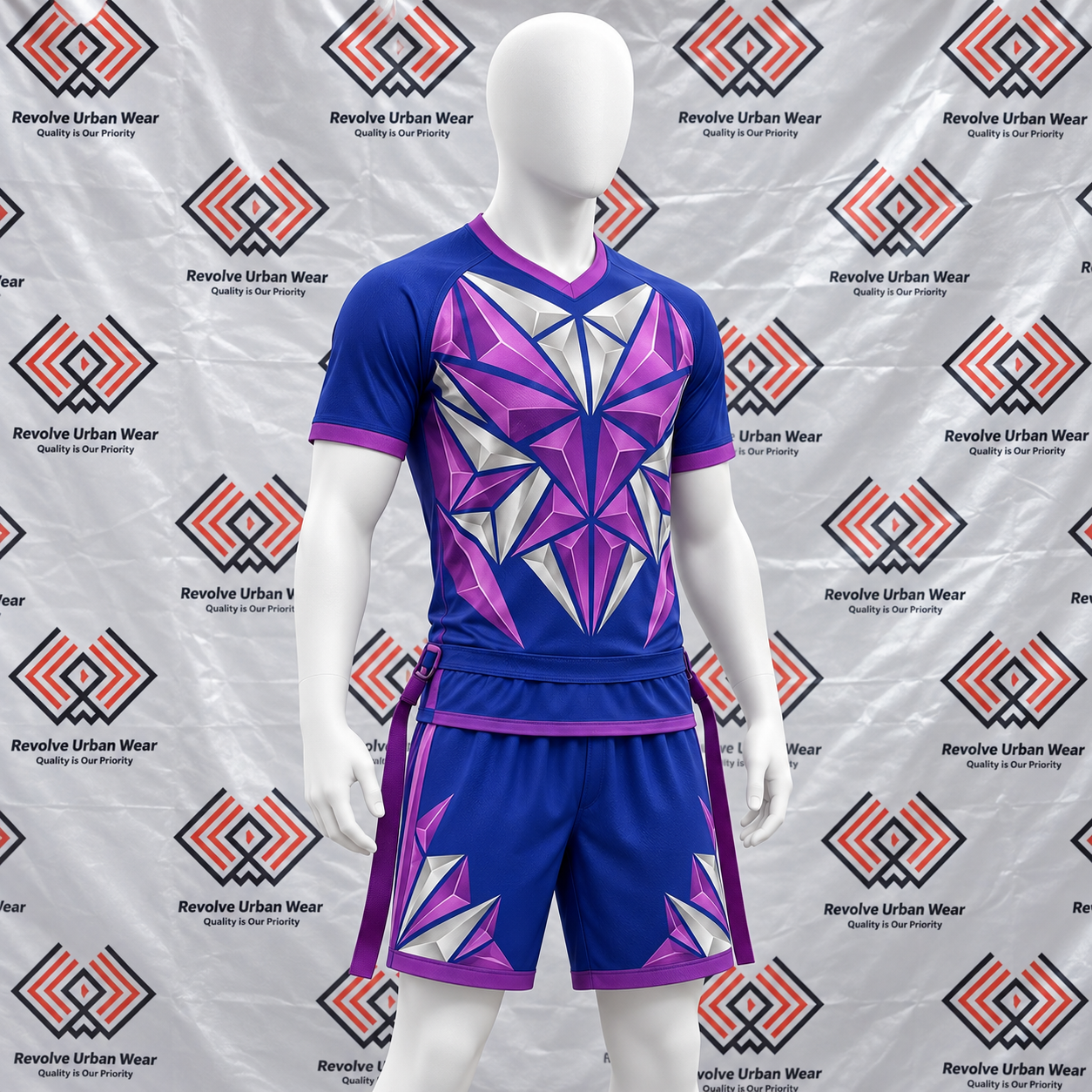 Custom blue and purple tag football uniform with geometric design and flags on a mannequin.