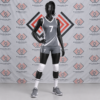 Custom grey and white sublimated volleyball uniform with diagonal accents on a mannequin.