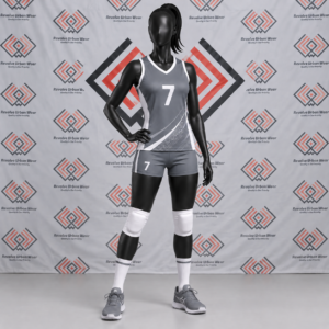 Custom grey and white sublimated volleyball uniform with diagonal accents on a mannequin.