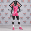 Custom pink and white women's volleyball uniform with diagonal accents on a mannequin.
