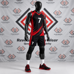 Custom black and red volleyball uniform with diagonal accents on a mannequin.