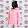 Custom solid pink windbreaker jacket with a hood and full front zipper on a mannequin.