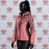 Custom pink sublimated windbreaker jacket with black Māori tribal patterns and full front zipper on a mannequin.