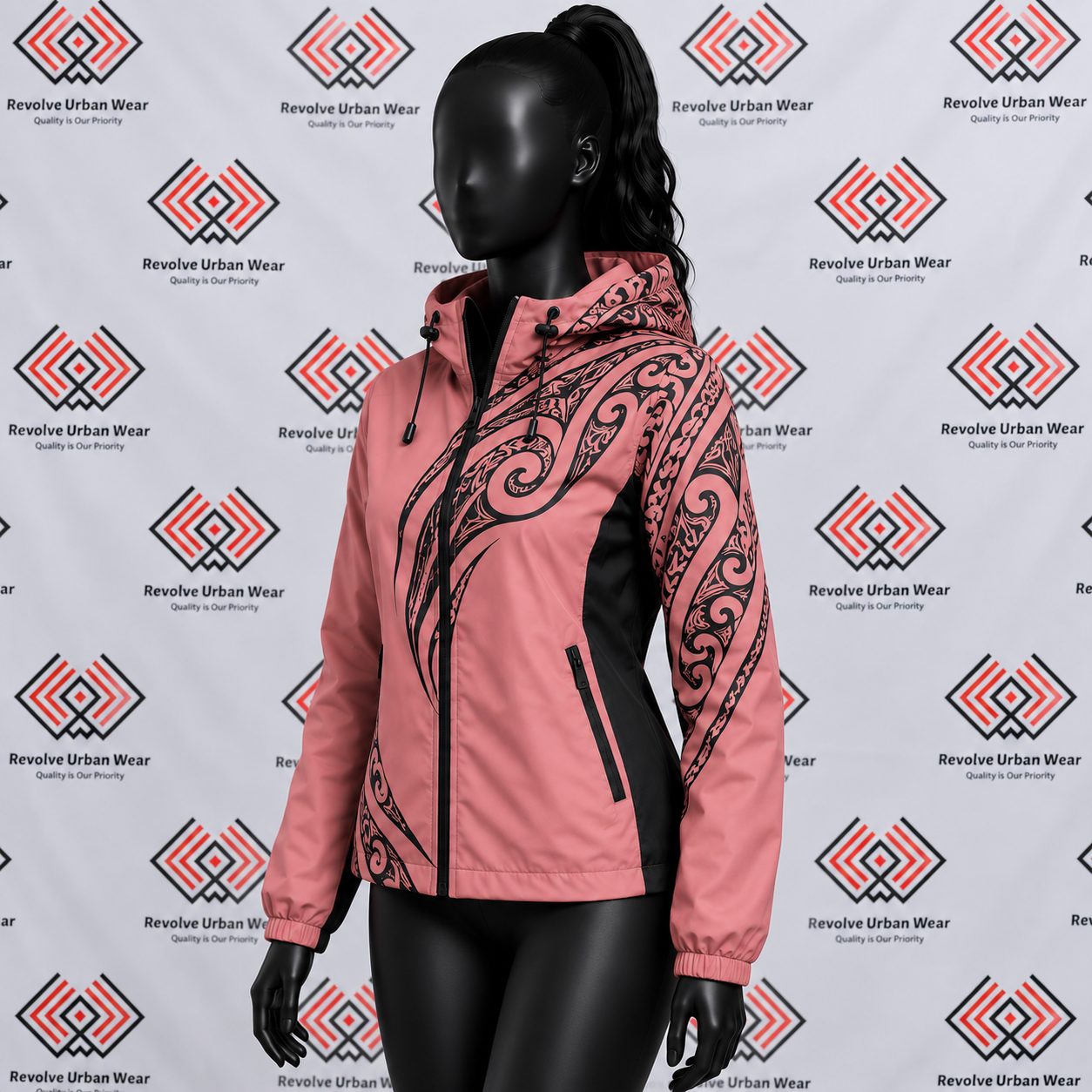 Custom pink sublimated windbreaker jacket with black Māori tribal patterns and full front zipper on a mannequin.