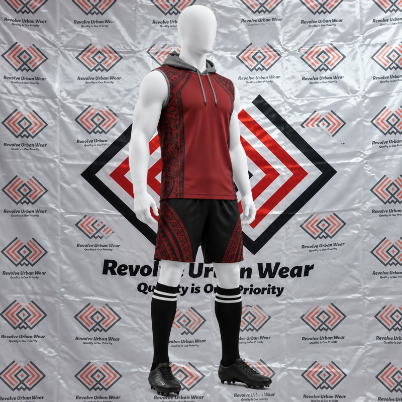 Custom maroon and black 7v7 uniform featuring a sleeveless hooded top and tribal shorts on a mannequin.