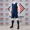 Custom navy blue and white 7v7 uniform featuring a sleeveless V-neck hooded top and striped shorts on a mannequin.
