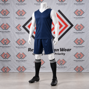 Custom navy blue and white 7v7 uniform featuring a sleeveless V-neck hooded top and striped shorts on a mannequin.