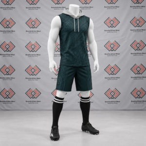 Custom dark green tribal 7v7 uniform featuring a sleeveless hooded top and Māori pattern shorts on a mannequin.