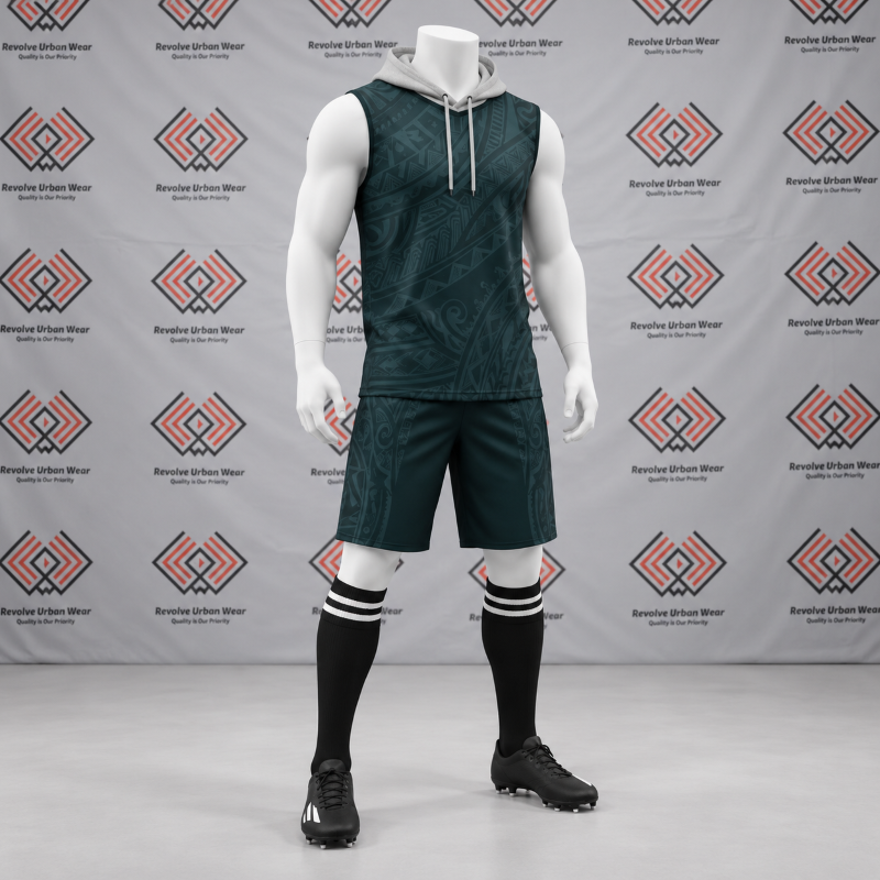 Custom dark green tribal 7v7 uniform featuring a sleeveless hooded top and Māori pattern shorts on a mannequin.