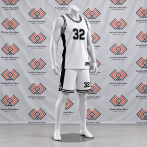 Custom white basketball uniform featuring black side panels, black and grey trim, and matching shorts on a mannequin.