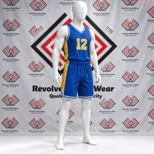 Image Alt Text Custom blue V-neck basketball uniform featuring yellow side panels, white striped trim, and matching shorts on a mannequin.