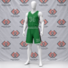 Custom green V-neck basketball uniform featuring black side panels, white striped trim, and matching shorts on a mannequin.