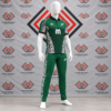 Custom dark green Maori cricket kit featuring black and white tribal patterns on a polo shirt and trousers.