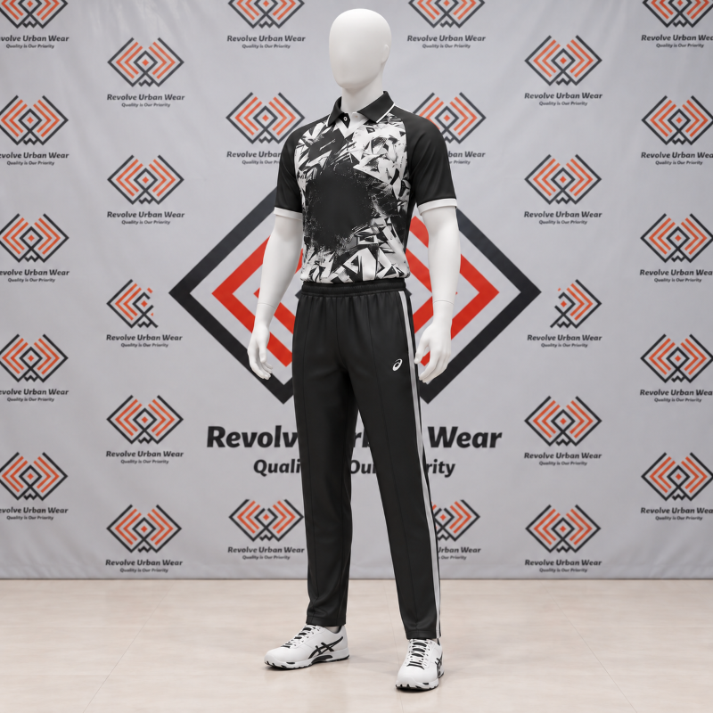 Custom black graphic cricket kit featuring an abstract geometric polo shirt and black trousers with white side stripes on a mannequin.