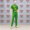 Custom Green Yellow Cricket Kit featuring an abstract graphic polo shirt and green trousers with yellow side stripes.