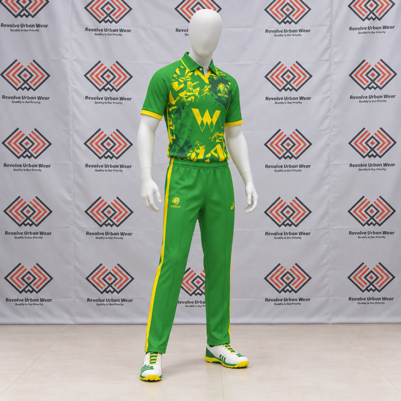 Custom Green Yellow Cricket Kit featuring an abstract graphic polo shirt and green trousers with yellow side stripes.