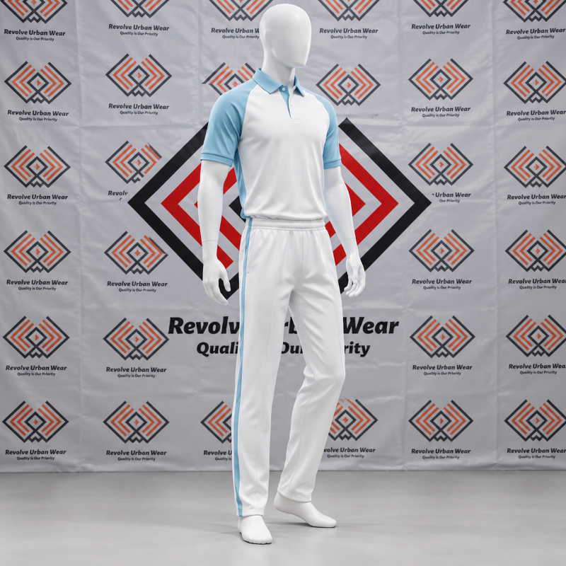 Custom White Sky Blue Cricket Kit featuring a white polo shirt with sky blue raglan sleeves and white trousers with blue side stripes on a mannequin.