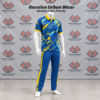 Custom Blue Yellow Cricket Kit featuring an abstract graphic polo shirt and blue trousers with yellow side stripes on a mannequin.