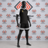 Custom black rugby league uniform featuring tonal Māori torso patterns, white raglan sleeves, and striped black shorts on a mannequin.