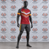 Custom red rugby league uniform featuring white and gold chest chevrons, charcoal grey raglan sleeves, and grey shorts with gold stripes on a mannequin.