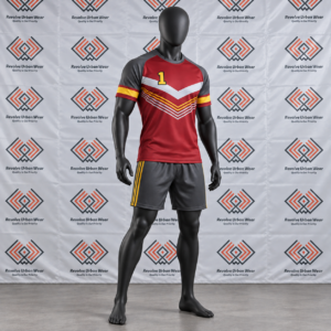 Custom red rugby league uniform featuring white and gold chest chevrons, charcoal grey raglan sleeves, and grey shorts with gold stripes on a mannequin.