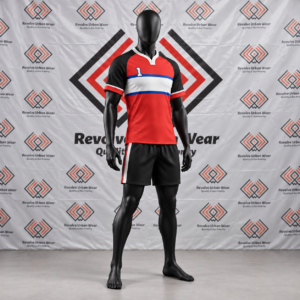 Custom red and black rugby uniform featuring a white and blue chest band, a white collar, and matching black shorts on a mannequin.