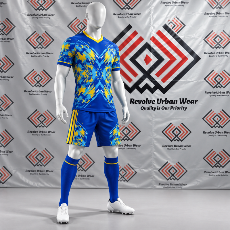 Custom Blue Yellow Soccer Kit featuring an abstract graphic V-neck jersey, blue shorts with yellow stripes, and knee-high socks.
